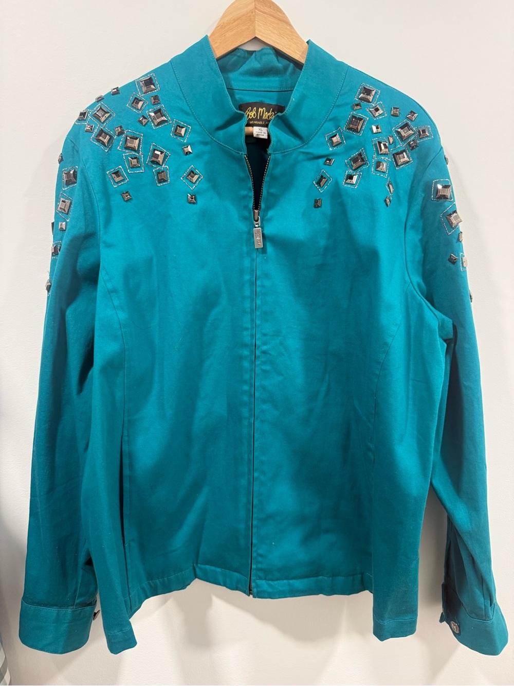 Bob Mackie Teal Bomber Jacket with Mirror Stud Embellishments